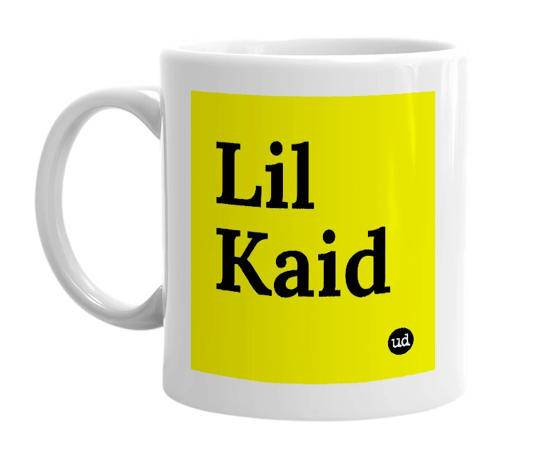White mug with 'Lil Kaid' in bold black letters