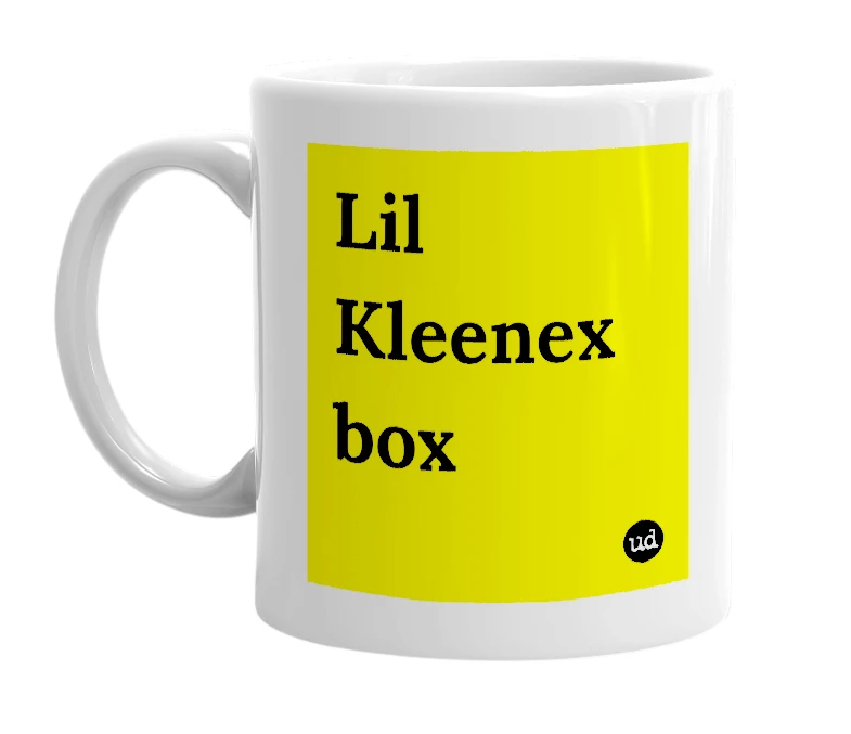 White mug with 'Lil Kleenex box' in bold black letters