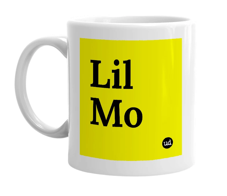 White mug with 'Lil Mo' in bold black letters