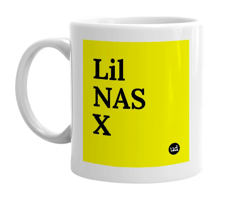 White mug with 'Lil NAS X' in bold black letters