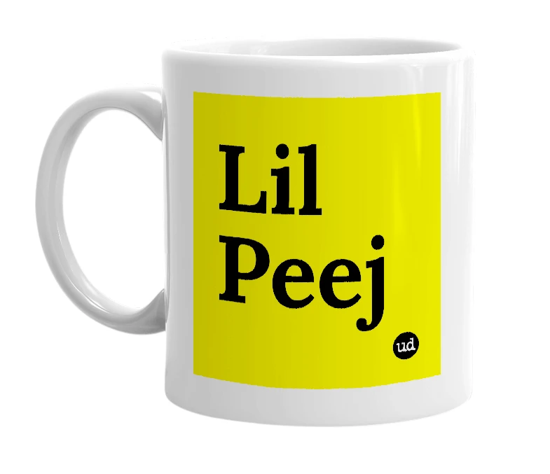 White mug with 'Lil Peej' in bold black letters