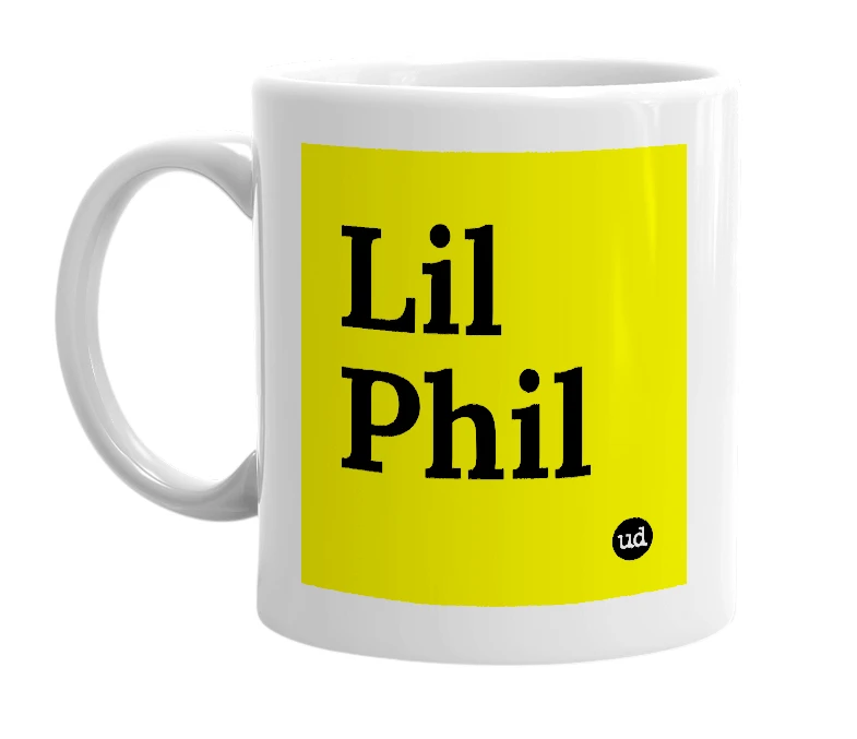 White mug with 'Lil Phil' in bold black letters