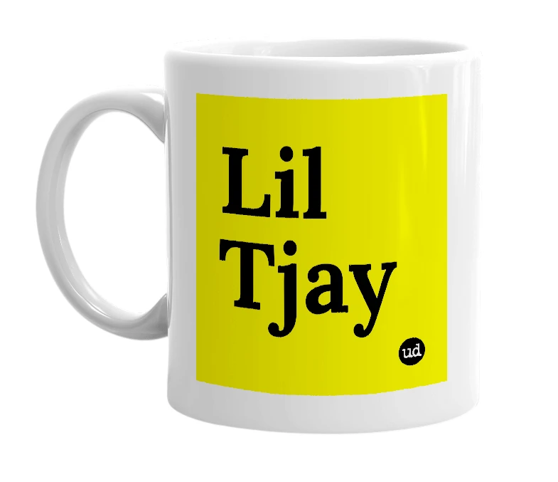 White mug with 'Lil Tjay' in bold black letters