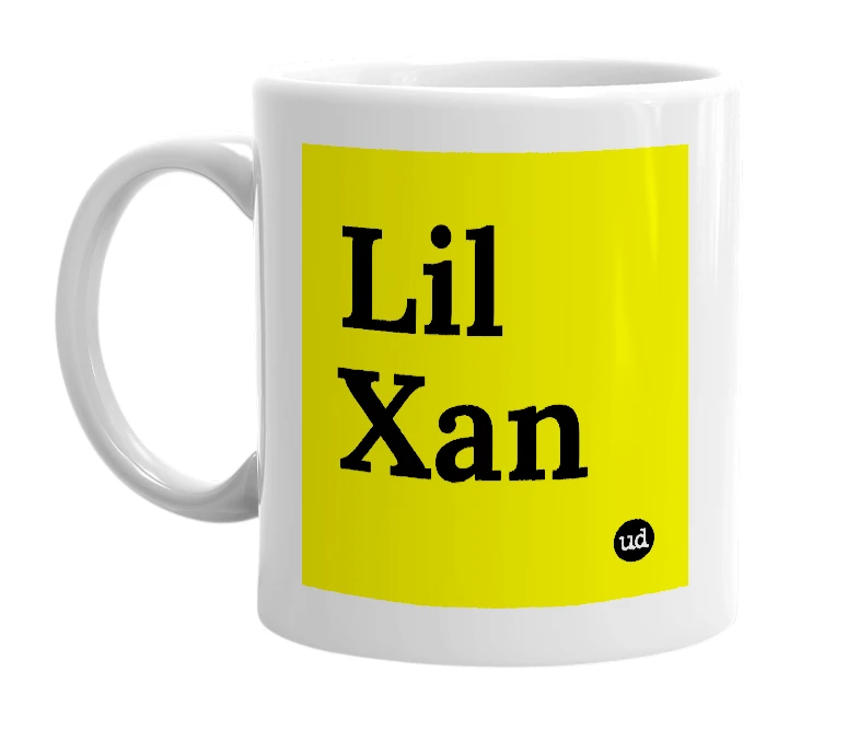 White mug with 'Lil Xan' in bold black letters
