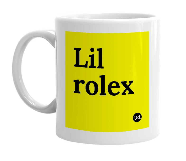 White mug with 'Lil rolex' in bold black letters