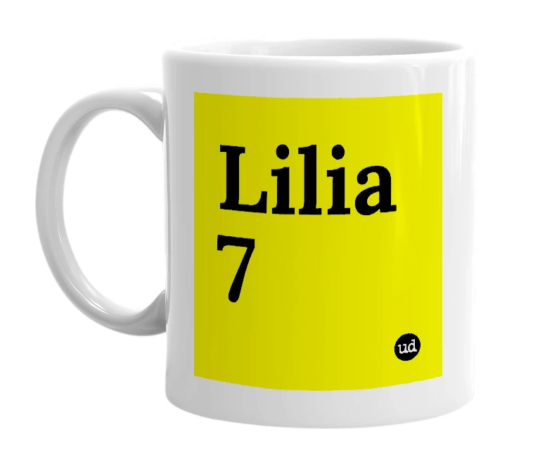 White mug with 'Lilia 7' in bold black letters