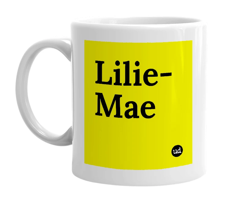 White mug with 'Lilie-Mae' in bold black letters