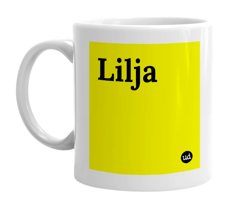 White mug with 'Lilja' in bold black letters