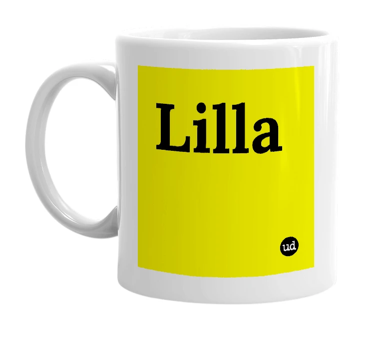 White mug with 'Lilla' in bold black letters