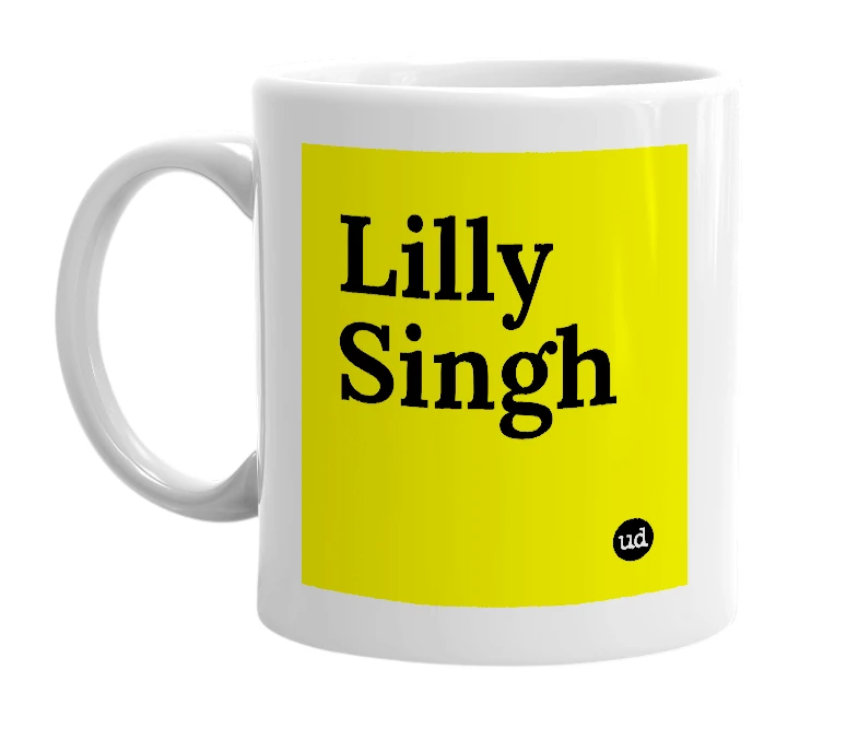 White mug with 'Lilly Singh' in bold black letters