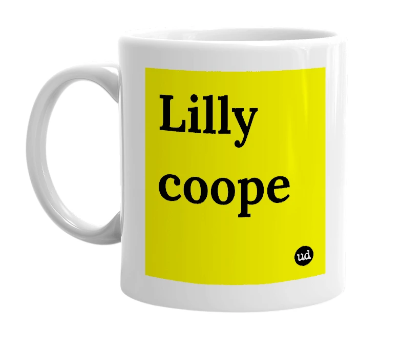 White mug with 'Lilly coope' in bold black letters