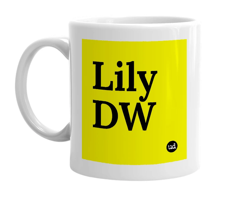 White mug with 'Lily DW' in bold black letters