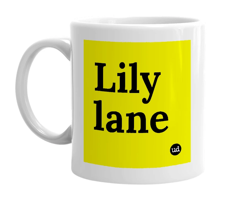 White mug with 'Lily lane' in bold black letters