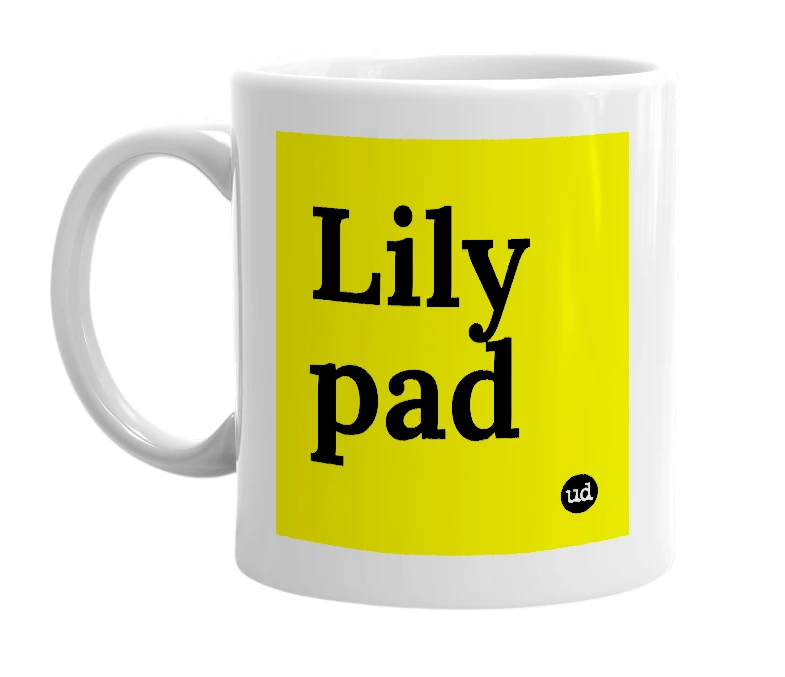 White mug with 'Lily pad' in bold black letters