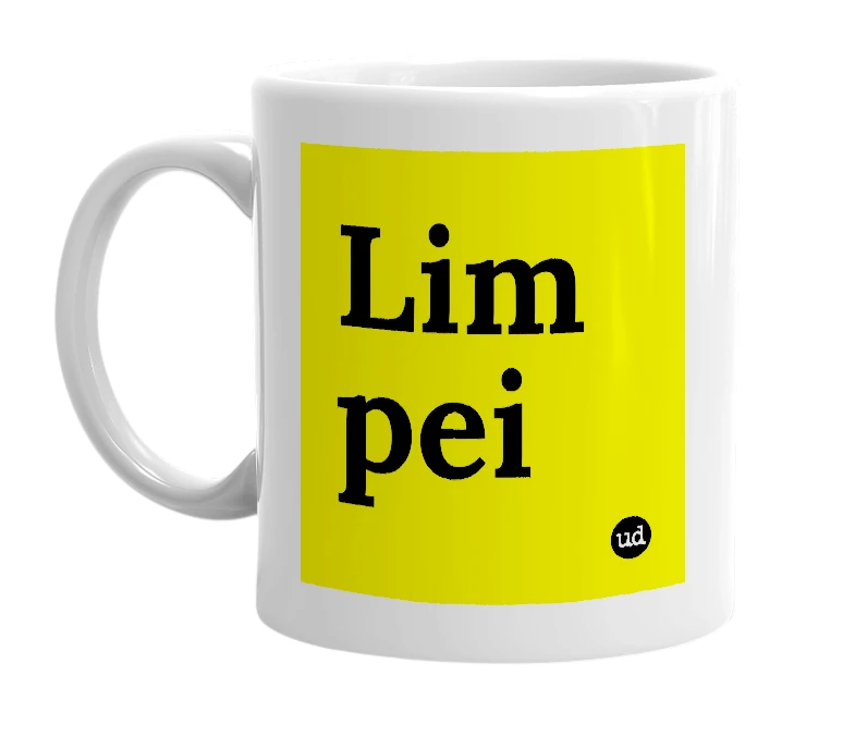 White mug with 'Lim pei' in bold black letters