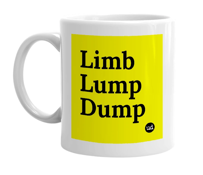 White mug with 'Limb Lump Dump' in bold black letters