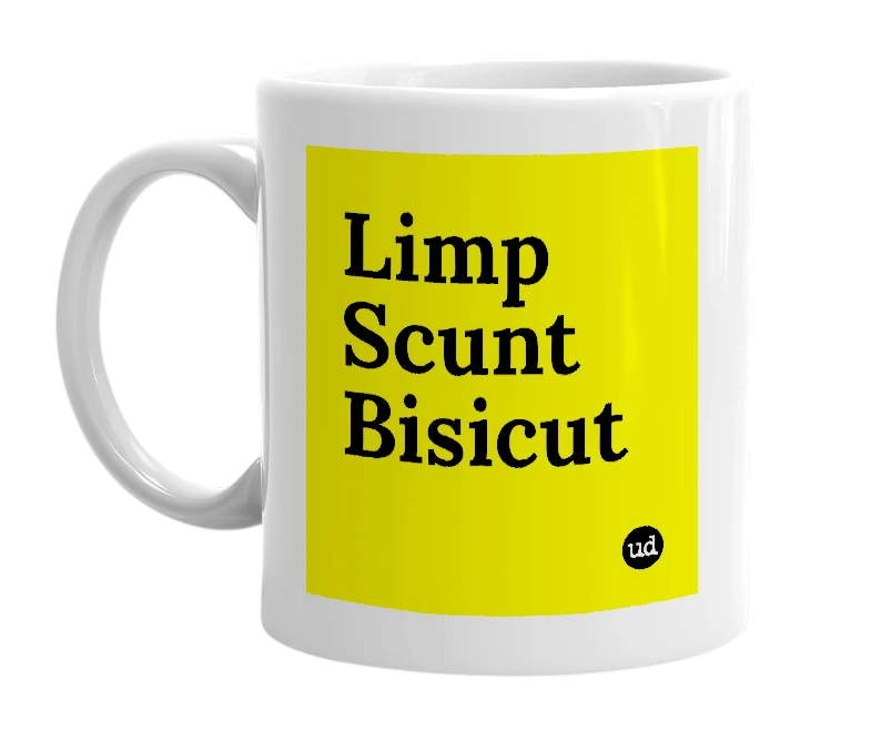 White mug with 'Limp Scunt Bisicut' in bold black letters