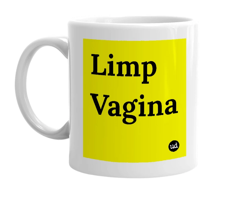 White mug with 'Limp Vagina' in bold black letters