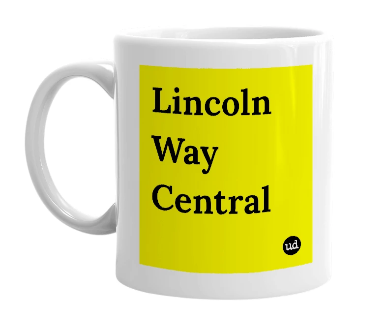 White mug with 'Lincoln Way Central' in bold black letters