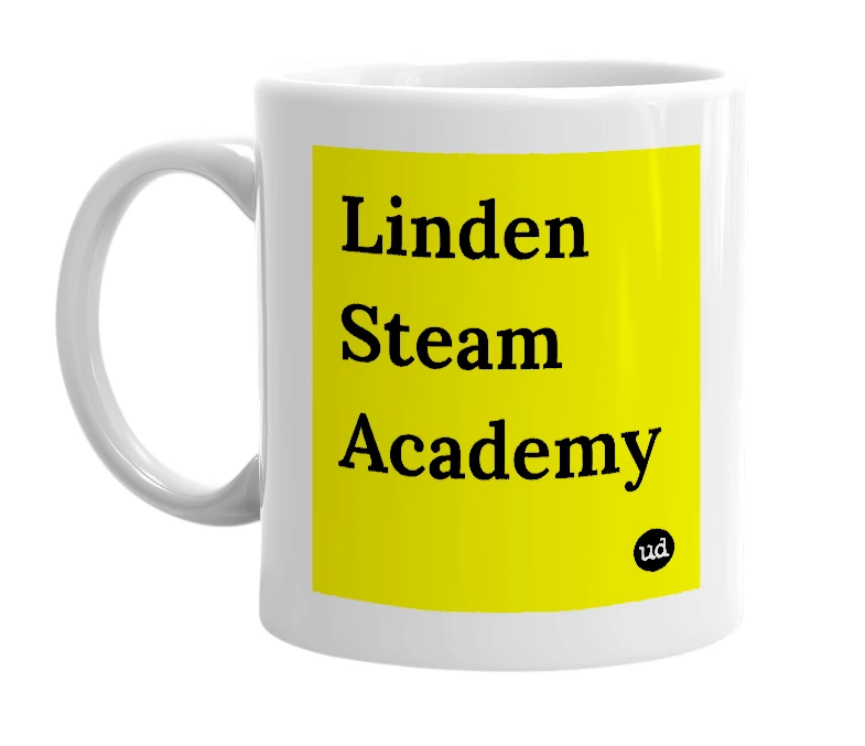 White mug with 'Linden Steam Academy' in bold black letters