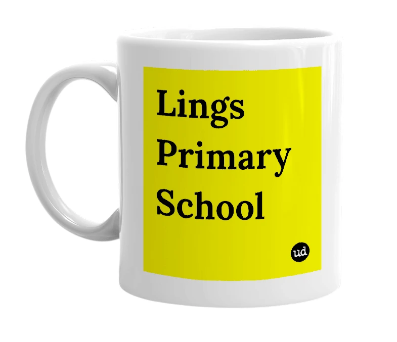 White mug with 'Lings Primary School' in bold black letters
