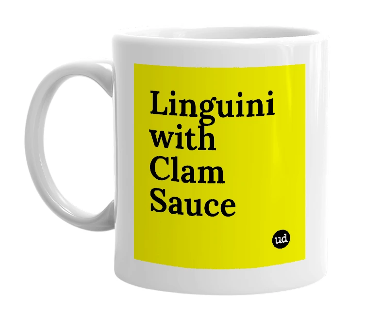 White mug with 'Linguini with Clam Sauce' in bold black letters