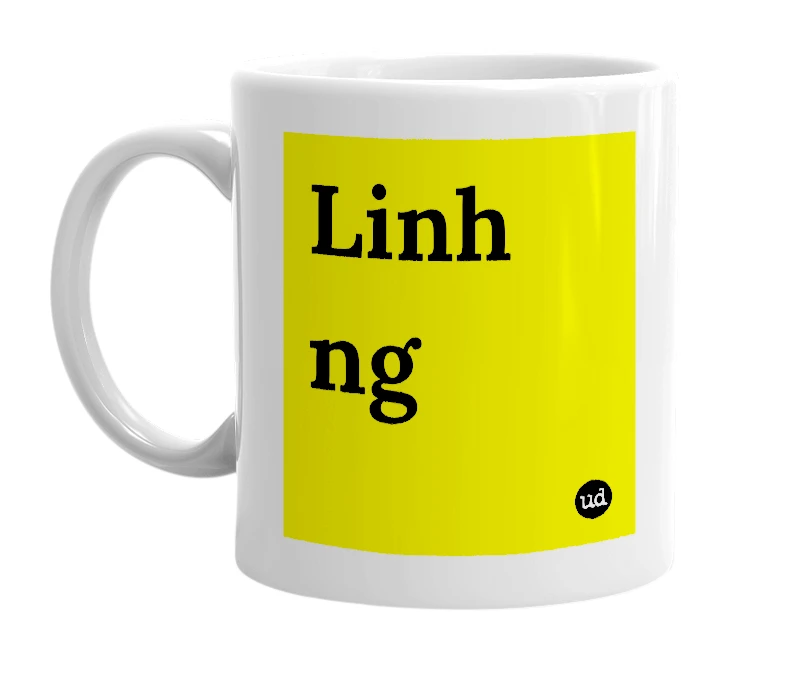 White mug with 'Linh ng' in bold black letters