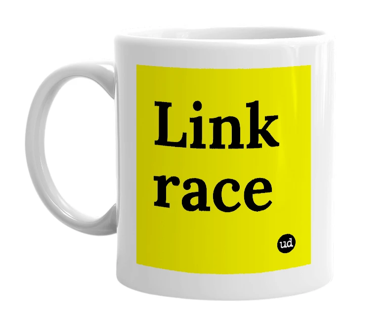 White mug with 'Link race' in bold black letters