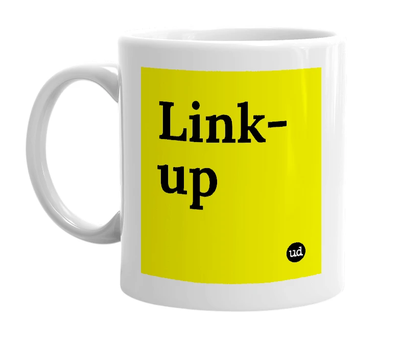 White mug with 'Link-up' in bold black letters