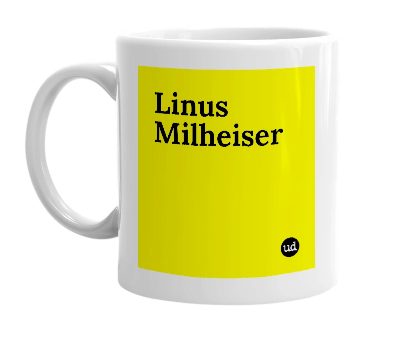 White mug with 'Linus Milheiser' in bold black letters