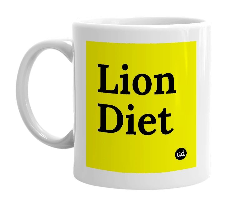 White mug with 'Lion Diet' in bold black letters