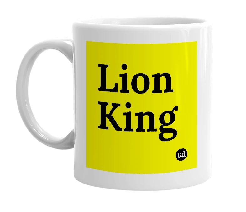 White mug with 'Lion King' in bold black letters
