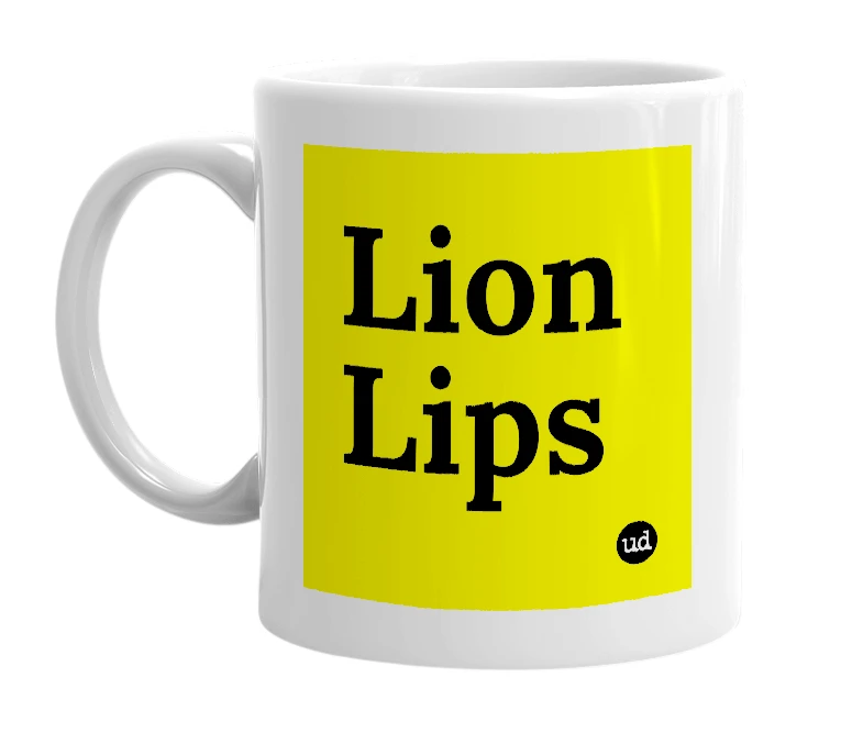 White mug with 'Lion Lips' in bold black letters