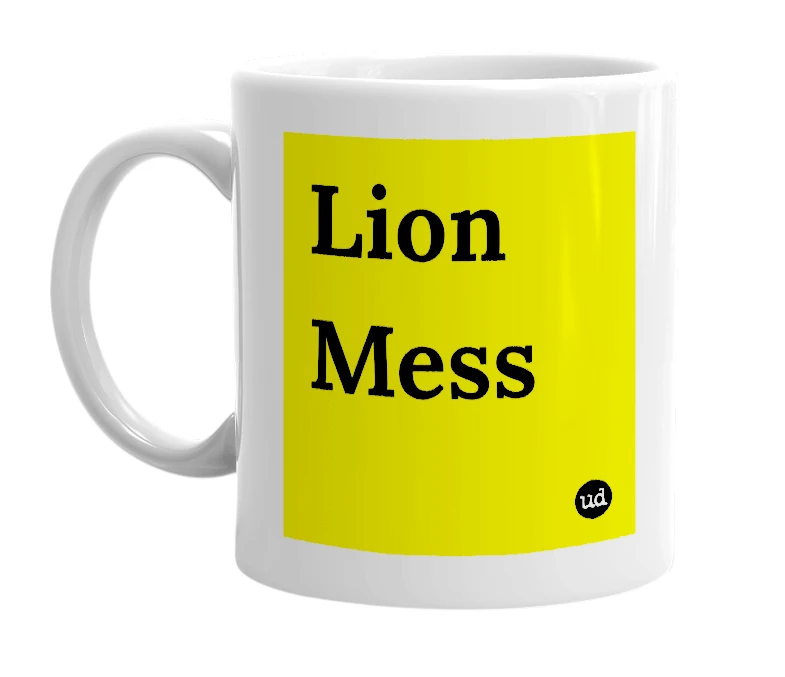 White mug with 'Lion Mess' in bold black letters