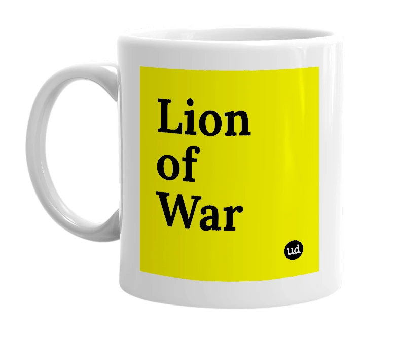 White mug with 'Lion of War' in bold black letters