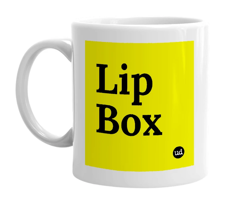 White mug with 'Lip Box' in bold black letters