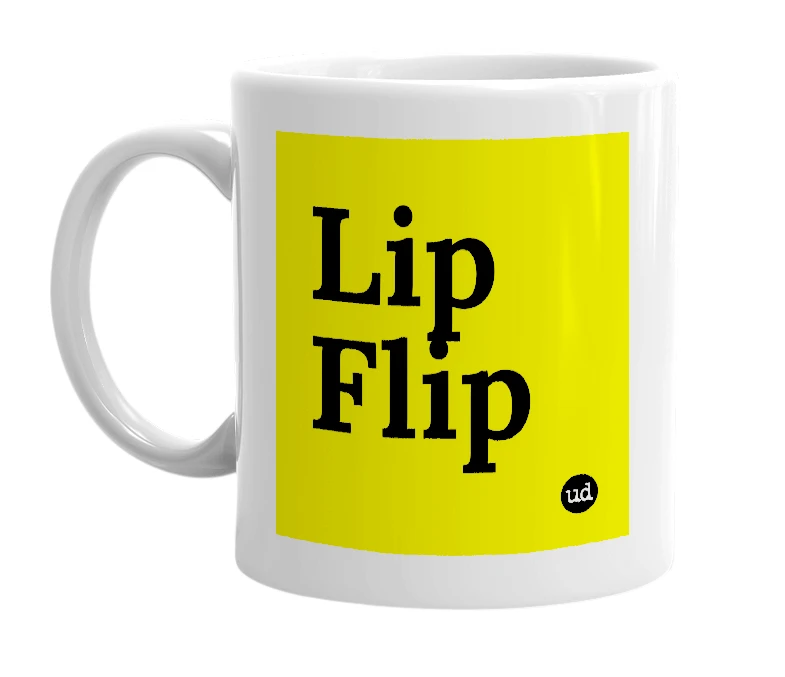 White mug with 'Lip Flip' in bold black letters