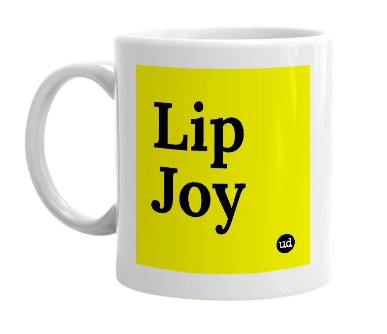 White mug with 'Lip Joy' in bold black letters