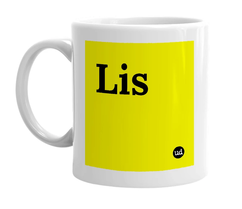 White mug with 'Lis' in bold black letters