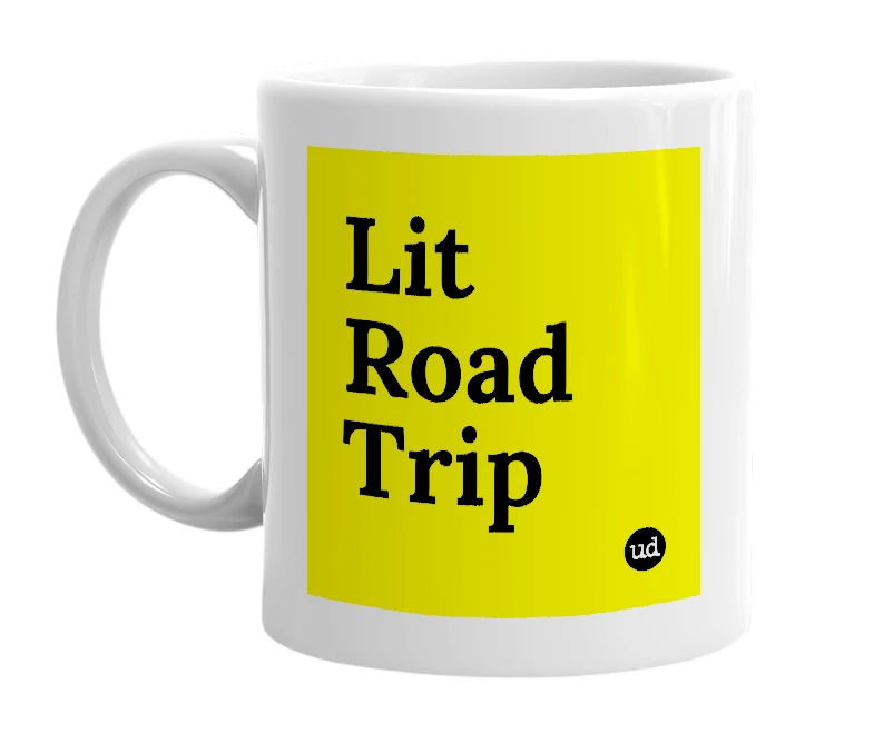 White mug with 'Lit Road Trip' in bold black letters