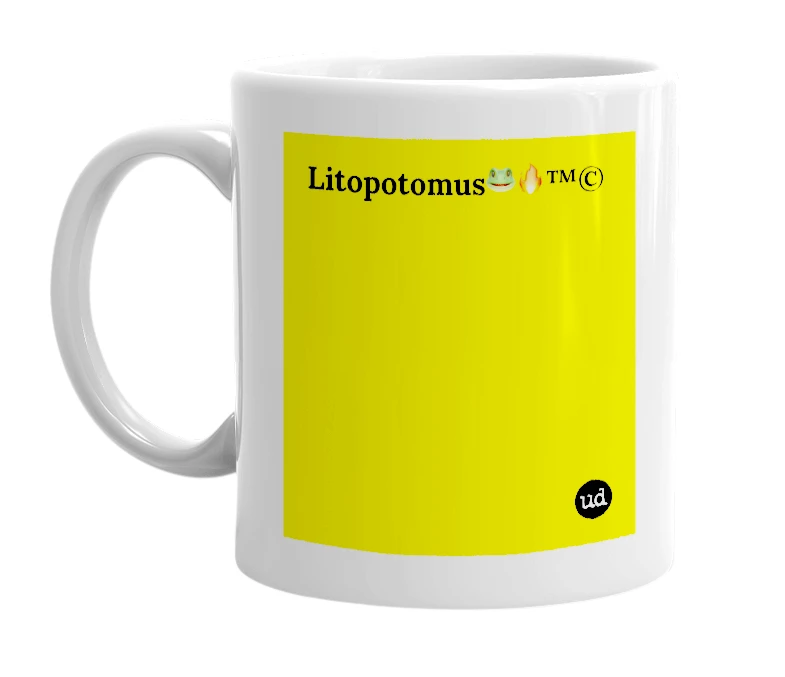 White mug with 'Litopotomus🐸🔥™©' in bold black letters