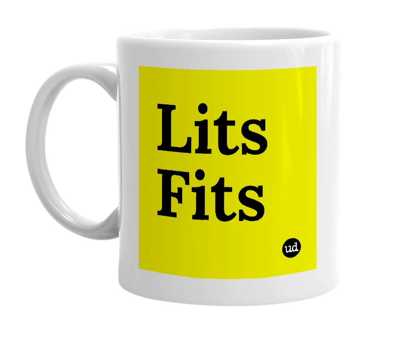 White mug with 'Lits Fits' in bold black letters