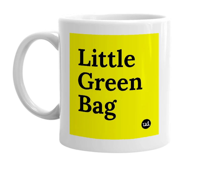 White mug with 'Little Green Bag' in bold black letters