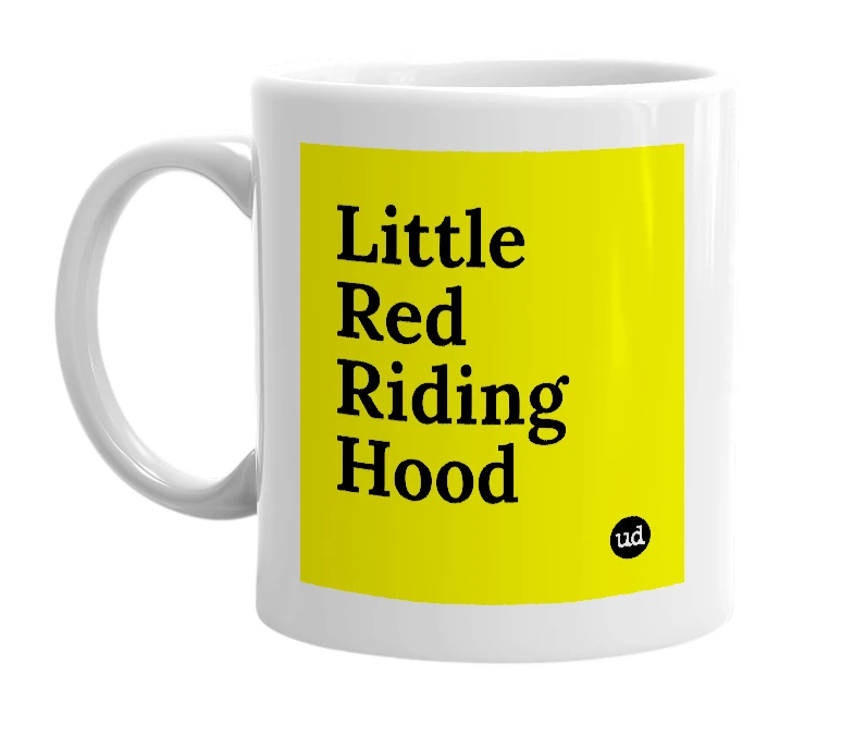 White mug with 'Little Red Riding Hood' in bold black letters