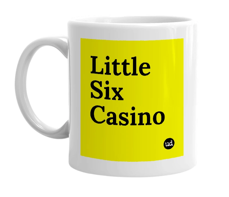 White mug with 'Little Six Casino' in bold black letters