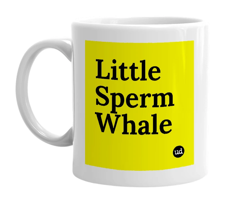 White mug with 'Little Sperm Whale' in bold black letters