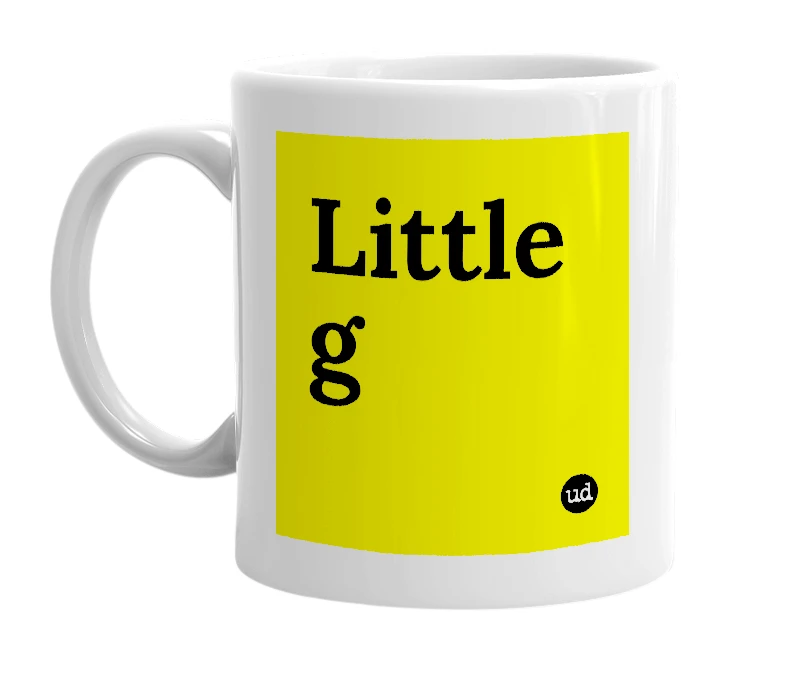 White mug with 'Little g' in bold black letters