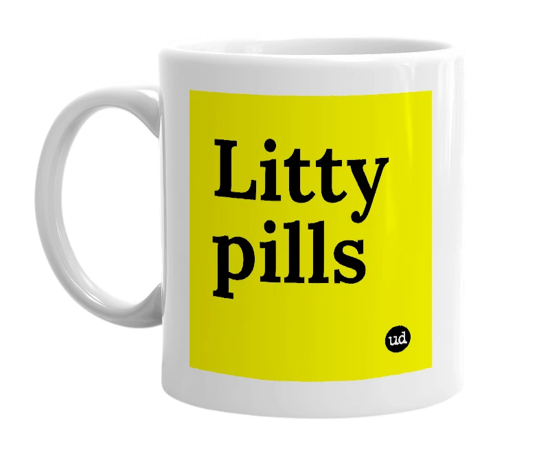 White mug with 'Litty pills' in bold black letters