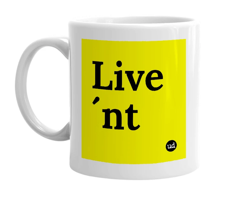White mug with 'Live´nt' in bold black letters