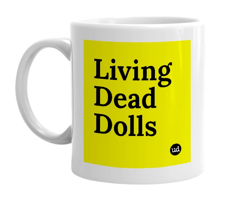 White mug with 'Living Dead Dolls' in bold black letters